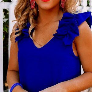 New MATTY M Cobalt Blue Silk Sleeveless Ruffle Shoulders V-Neck Blouse XS